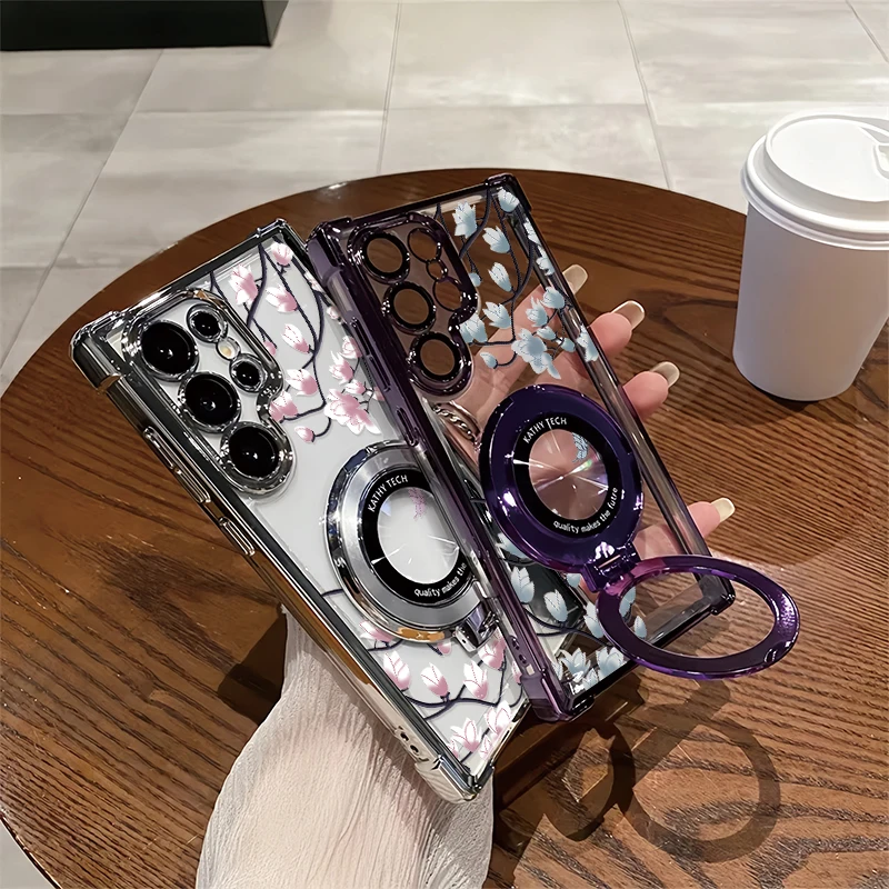 Plating Phone Case For Samsung Galaxy A07 A06 A03 Core A02 A02S A03S A05 A04S A05S A04 Silicone Clear Holder Stand Flower Cover - الصورة 2
