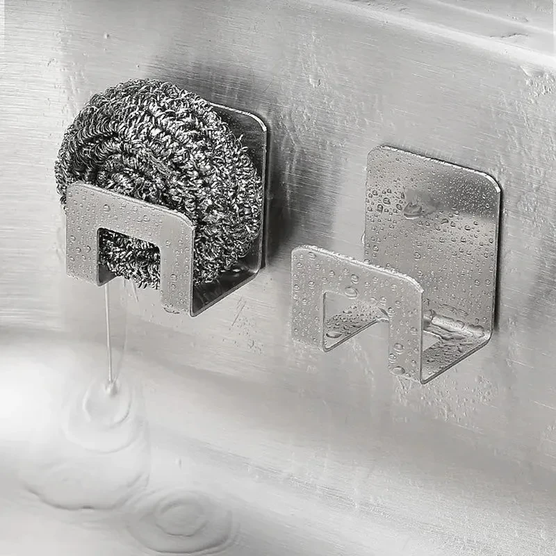 Stainless Steel Sink Tray Drainer Rack Kitchen Sink Sponge Holders Self Adhesive Hook Storage Holder Kitchen Wire Rag Organizer - الصورة 5