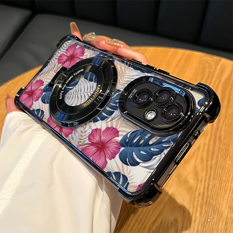 Luxury Plating Phone Case For OPPO A96 5G A94 A93 A92 A97 A98 A95 4G A80 A79 A78 Pattern Flower Leaves Holder Stand Cover - Image 3