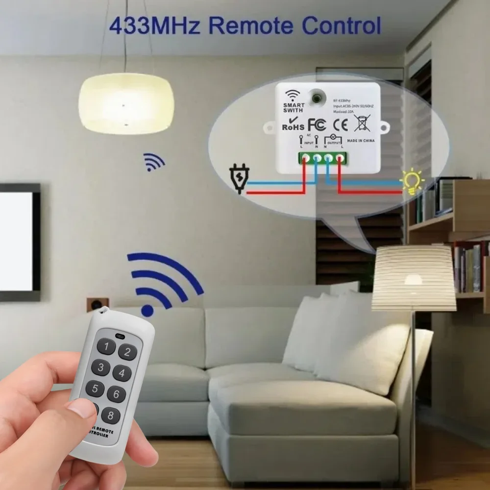 Mini Wireless Smart Light Switch with Remote Control 1000M Distance 433 Mhz RF Relay Receiver 220V Switch for Home Led Lamp Fan - الصورة 6