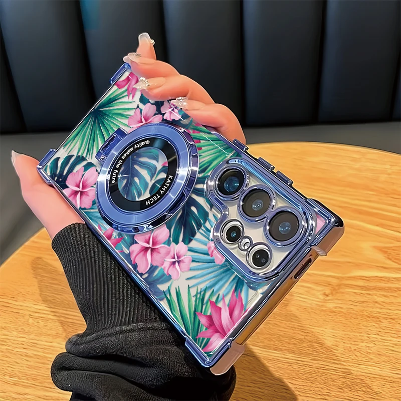Holder Stand Clear Phone Case For Samsung Galaxy A54 A34 A73 A53 A13 A24 A14 A33 5G A23 Plating Shockrpoof Leaves Floral Cover