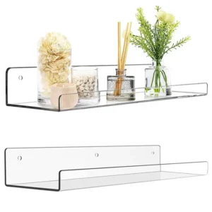 38cm Acrylic Floating Shelf Self-Adhesive Transparent Wall Mounted Figures Display Models Holder Kitchen Storage Organizer Rack