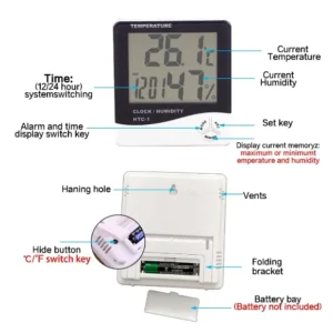 HTC-1 HTC-2 LCD Digital Electronic Hygrometer Home Smart Electric Digital Hygrometer Weather Station Clock Outdoor Thermometer